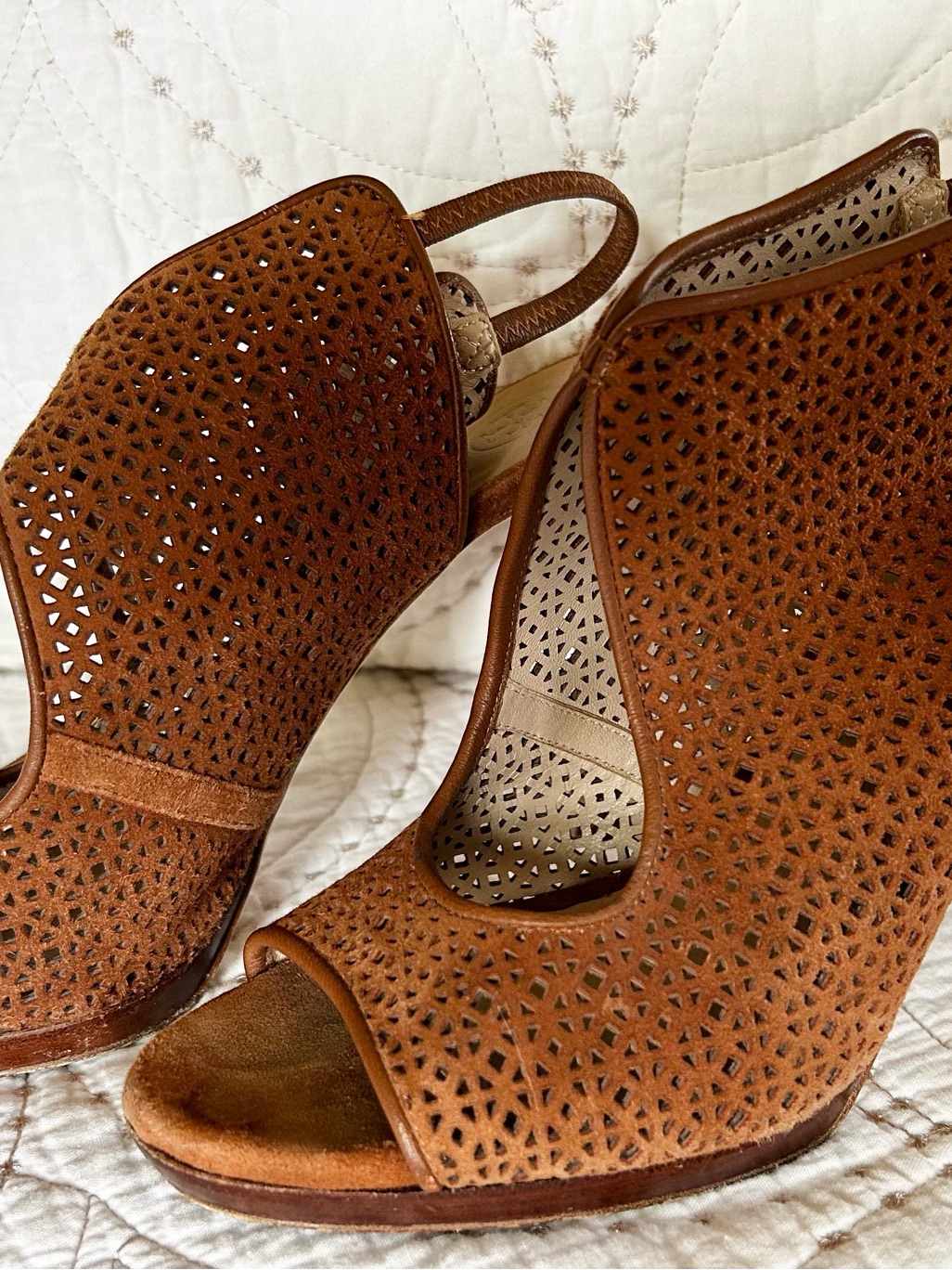 Tory Burch Brown Laser-Cut Open-Toe Slingback Heels